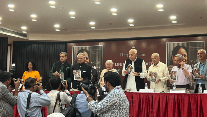 (From left to right) Hindustan Times editor Sunetra Choudhary, Congress MP Shashi Tharoor, former Union minister Shivraj Patil, Mohsina Kidwai, former J&K Chief Minister Farooq Abdullah, Sushilkumar Shinde and Rashid Kidwai at the book launch at IIC, Delhi | Humra Laeeq/ThePrint