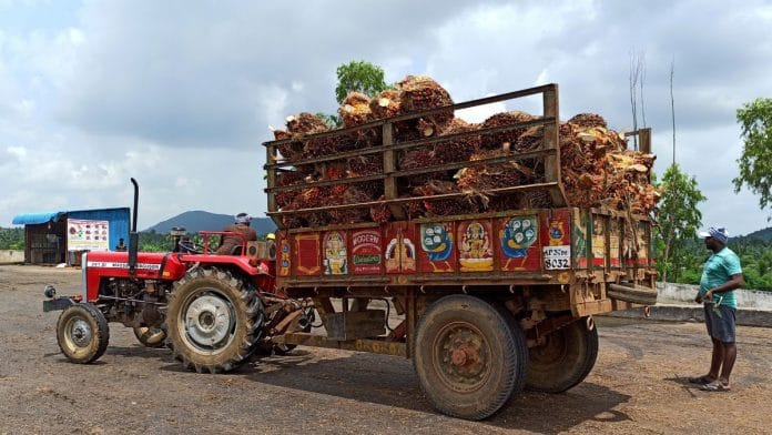 A farmer prepares to unload oil palm bunches from a tractor trolley in a mill at Dwaraka Tirumala in the southern state of Andhra Pradesh | Reuters file photo