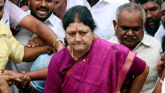 Former AIADMK leader VK Sasikala pays homage to former Tamil Nadu chief minister J. Jayalalithaa, at Marina Beach, in Chennai on 16 October 2021 | ANI File Photo
