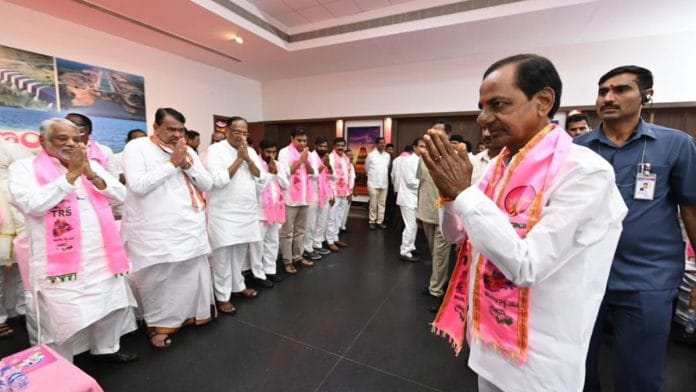 Telangana CM KCR at general body meeting of TRS at Telangana Bhavan Wednesday | Twitter @trspartyonline