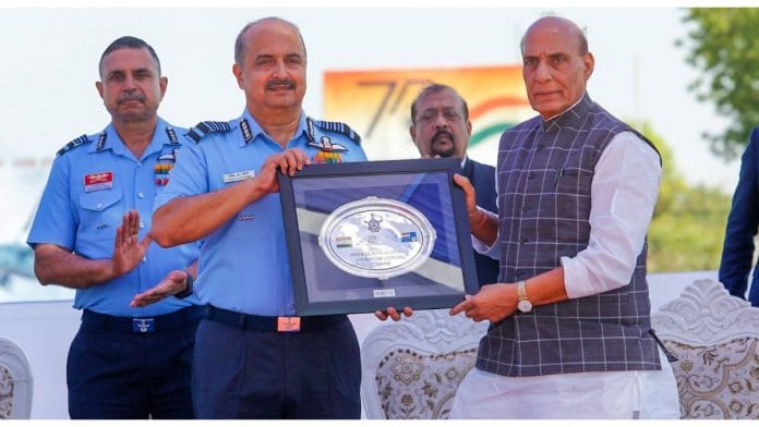 IAF chief Air Chief Marshal V. R. Chaudhari with Defence Minister Rajnath Singh | Twitter/ @IAF_MCC