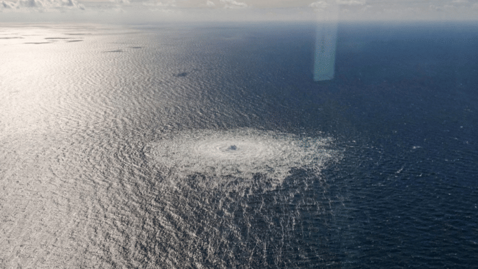 Gas leak at Nord Stream 2 as seen from the Danish F-16 interceptor on Bornholm, Denmark 27 September 2022. Danish Defence Command/Forsvaret Ritzau Scanpix/via Reuters