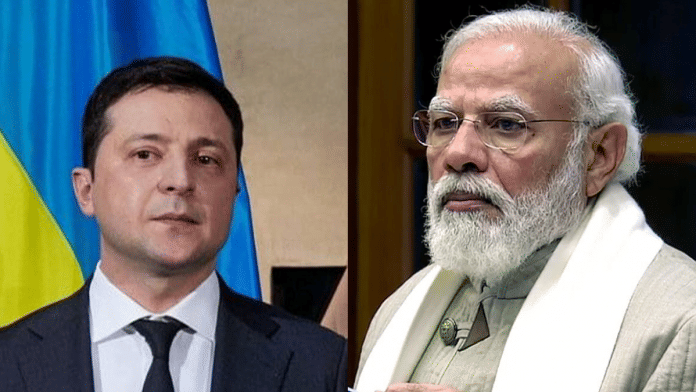 File photos of PM Narendra Modi & Ukraine President Volodymyr Zelenskyy | ANI | Twitter/@ZelenskyyUa