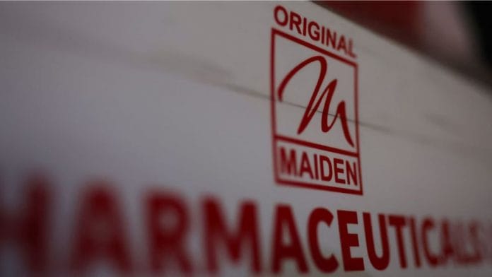 Logo of the Maiden Pharmaceuticals company is seen on a board outside their office in New Delhi on 6 October 2022 | Reuters
