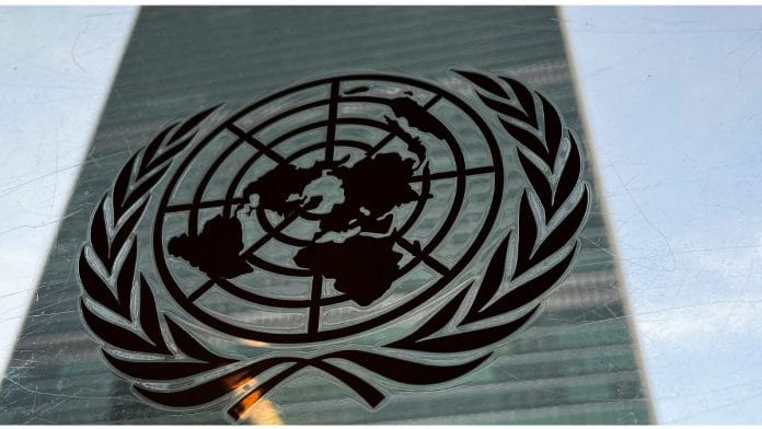 File photo of the United Nations headquarters building pictured with a UN logo in the Manhattan borough of New York City, New York, U.S., 1 March, 2022 | Reuters