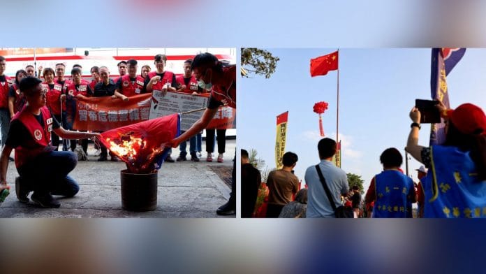 Members of the pro-independence Taiwan Statebuilding Party burn a Chinese flag in Kaohsiung (left), while people attend the flag rising ceremony to celebrate China's national day at the base of the Taiwan People's Communist Party in Tainan (right), on 1 October 2022 | Ann Wang/Reuters