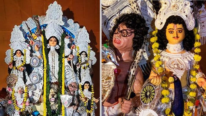 In this combo photo, a Durga idol in which the Mahishasura was replaced by a Mahatma Gandhi-look alike (left) created controversy on the birth anniversary of the father of the nation, on 2 October 2022 | PTI