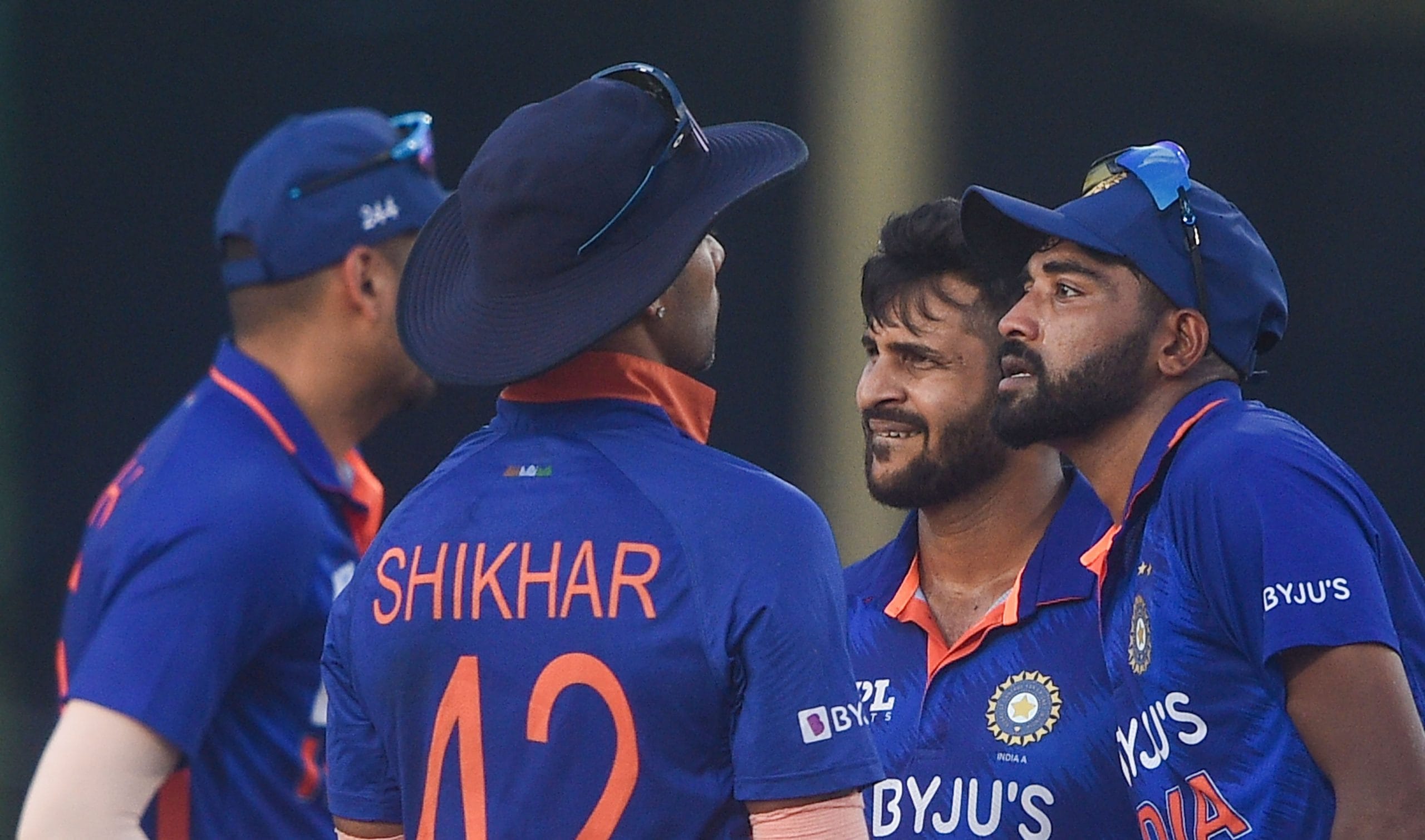 Ranchi: Indian team captain Shikhar Dhawan with teammates Shardul Thakur and Mohammed Siraj during the 2nd ODI cricket match between India and South Africa, at the JSCA International Cricket Stadium in Ranchi, Sunday, Oct. 9, 2022. (PTI Photo/Swapan Mahapatra)(PTI10_09_2022_000233B)
