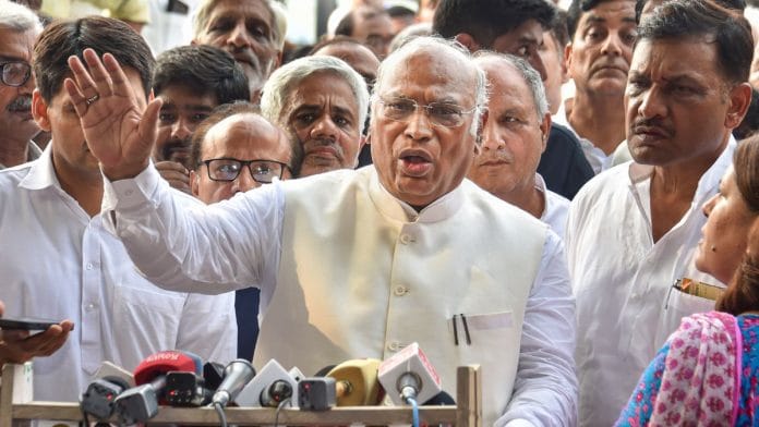 Senior Congress leader Mallikarjun Kharge speaks to the media after filing his nomination papers for the post of party President, at AICC headquarters in New Delhi, on 30 September 2022 | PTI