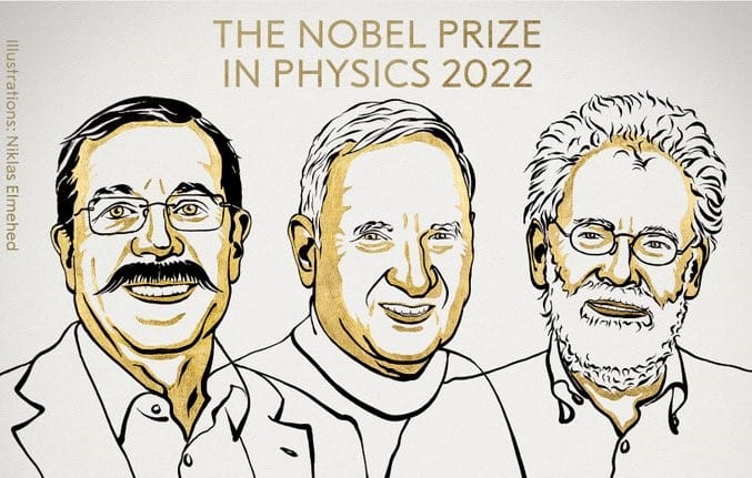 (From L-R) Illustration of Alain Aspect, John F. Clauser & Anton Zeilinger