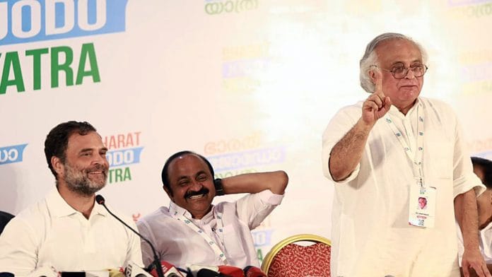 Congress leader Jairam Ramesh addresses a press conference in presence of party leader Rahul Gandhi during the Kerala-leg of the Bharat Jodo Yatra. | ANI