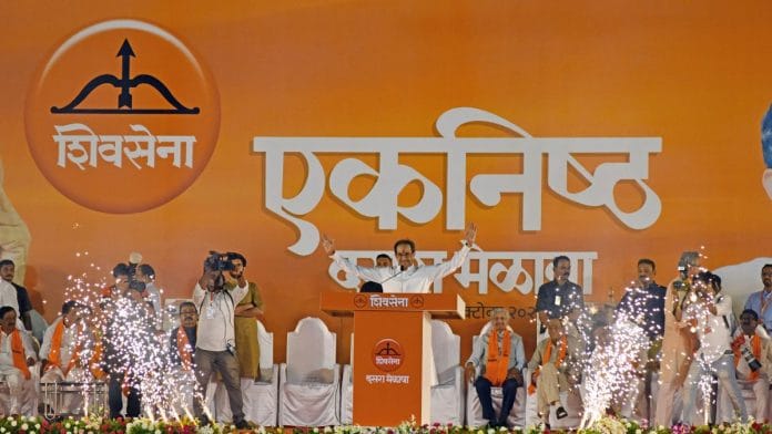 Former Maharashtra CM and Shiv Sena chief Uddhav Thackeray addresses the Dussehra rally at Chhatrapati Shivaji Maharaj Park in Mumbai, on 6 October 2022 | ANI photo