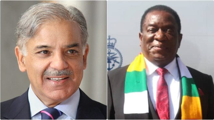 Prime Minister Shehbaz Sharif (L) and Zimbabwe President Emmerson Dambudzo Mnangagwa