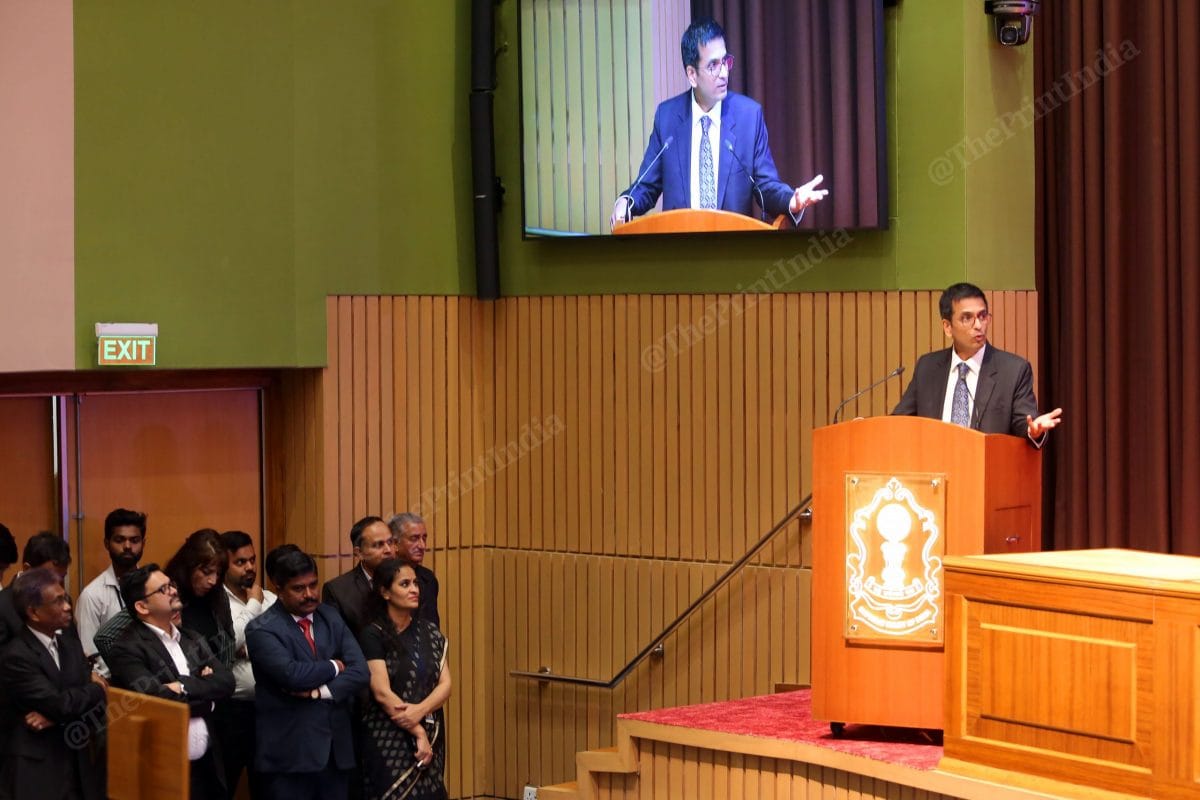 CJI D.Y. Chandrachud addressing during the felicitation ceremony | Photo: Praveen Jain | ThePrint