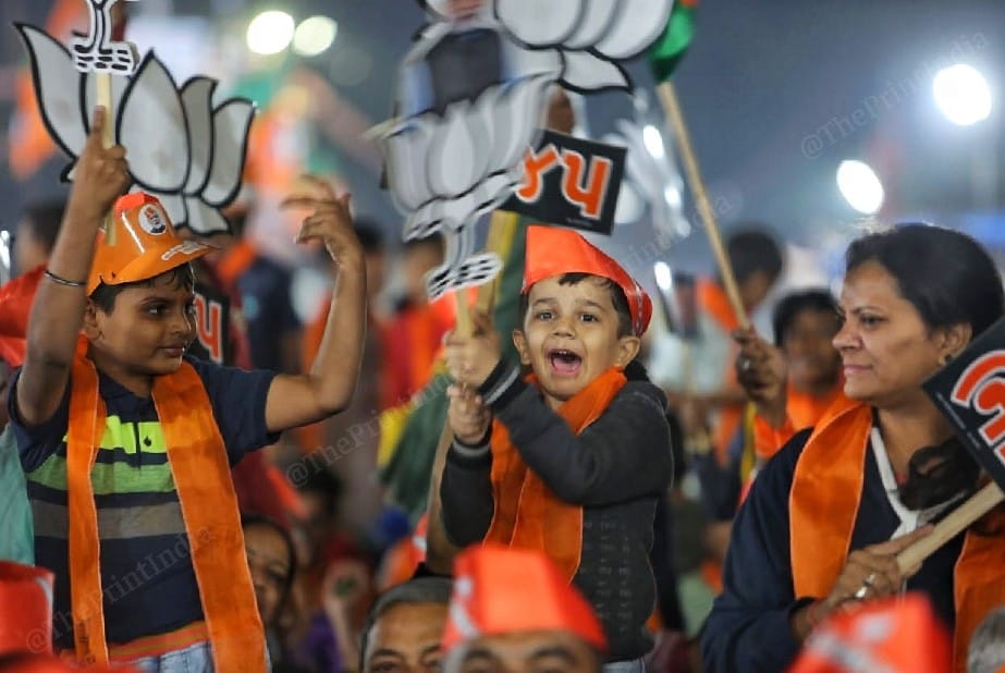 Children holding BJP’s symbol at Amit Shah's rally | Photo: Praveen Jain | ThePrint