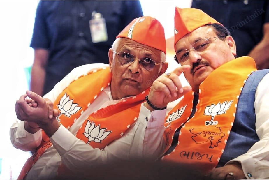 Gujarat CM Bhupendra Patel with BJP chief J.P. Nadda at manifesto launch | Photo: Praveen Jain | ThePrint