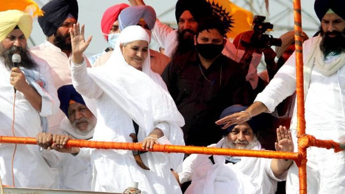 File photo of SAD working president Sukhbir Badal, Bikram Singh Majitha, Bibi Jagir Kaur, and senior SAD leader Hira Singh Gabria | ANI
