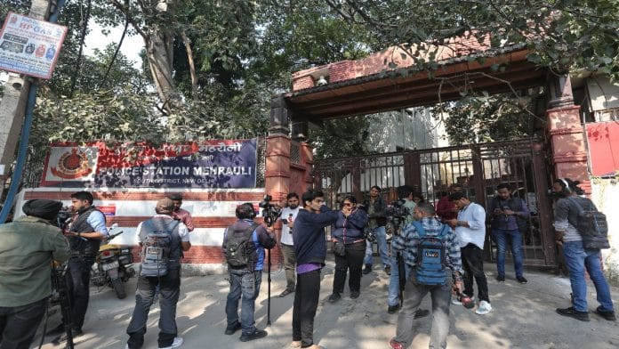 Media personnel covering the Shraddha murder case outside Mehrauli police station on Thursday | Suraj Singh Bisht | ThePrint