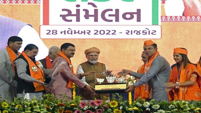 Prime Minister Narendra Modi at a public rally ahead of Gujarat elections, in Rajkot on Monday | ANI