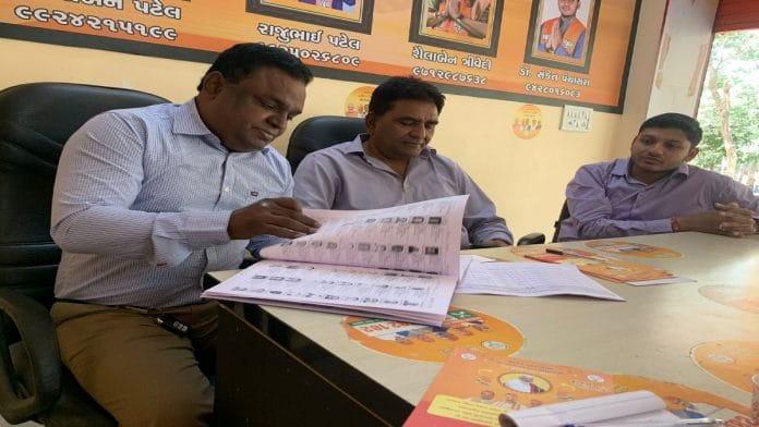 (Left to right) BJP panna pramukhs, Kamlesh Banker, Raju Patel and Sanket Panchasara in Gandhinagar, Gujarat. | Manasi Phadke| ThePrint