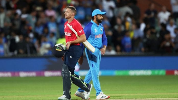 England's skipper Jos Buttler and India's skipper Rohit Sharma after the semi-final match of ICC Mens T20 World Cup 2022 in Adelaide on Thursday | ANI