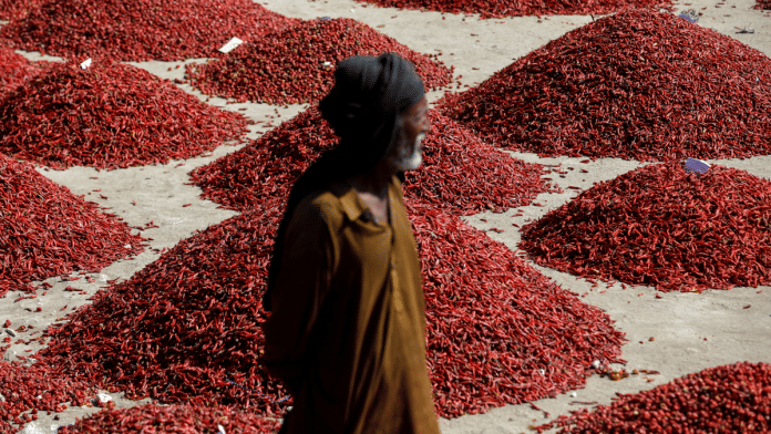 Man standing in front of mounds of red chili pepper at the wholesale market in Pakistan's Kunri | Akhtar Soomro | Reuters