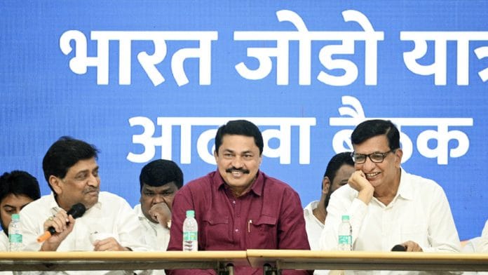 Maharashtra Congress president Nana Patole (centre) with party leaders Ashok Chavan (left) and Balasaheb Thorat (right) during a meeting to review the preparations the Bharat Jodo Yatra in Mumbai | ANI