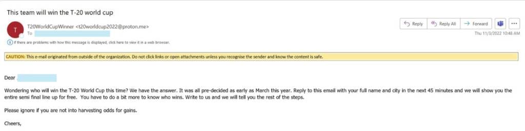 Screenshot of a phishing message | Courtesy: https://sectrio.com/targeted-phishing-campaign-t-20-world-cup/