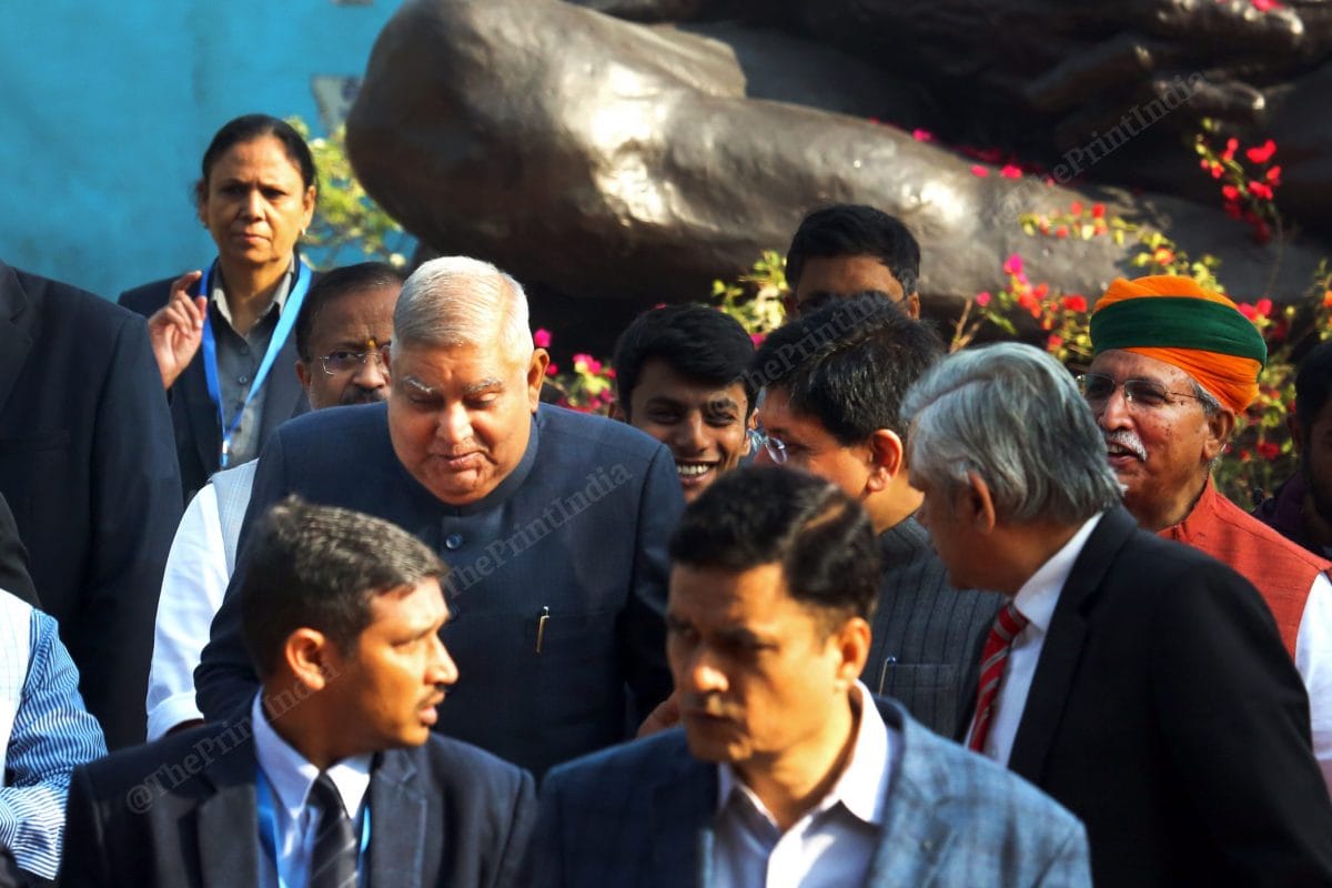 Vice President Jagdeep Dhankhar pays flower tribute to Gandhi statue in Parliament | Photo: Praveen Jain | ThePrint