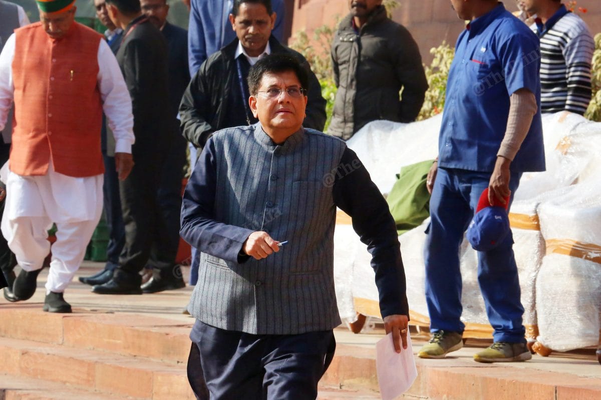 Union minister Piyush Goyal hurries to officiate Vice President Jagdeep Dhankhar | Photo: Praveen Jain | ThePrint