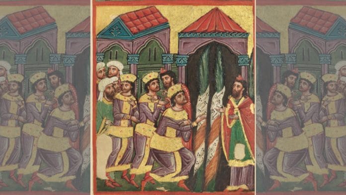 A page from ‘The Romance of Alexander’ that depicts flags similar to the Indian tricolour | By special arrangement from the Greek Embassy