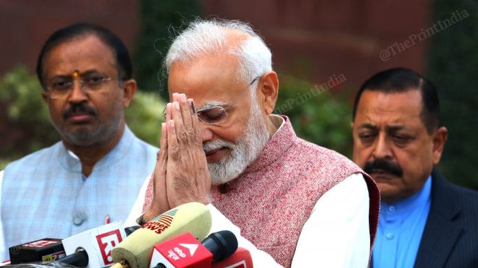 PM Narendra Modi greets the media at the interaction session | Photo: Praveen Jain | ThePrint