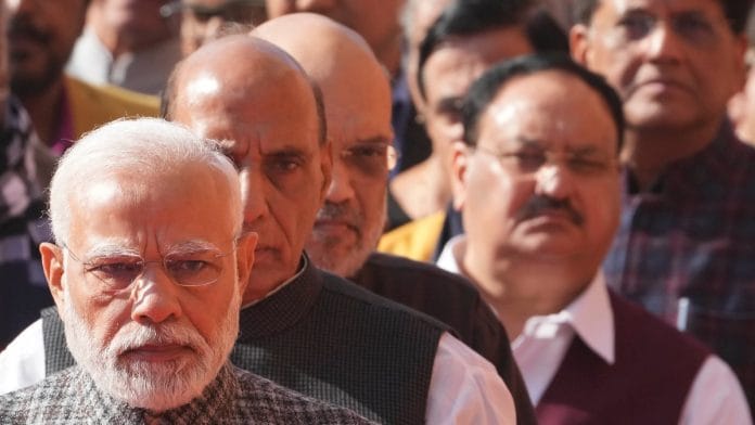 PM Narendra Modi, Defence Minister Rajnath Singh, Home Minister Amit Shah, BJP National President JP Nadda and Union Minister Piyush Goyal during a tribute ceremony to pay homage to martyrs who lost their lives in the 2001 Parliament attack on its 21st anniversary, at Parliament House complex in New Delhi, on 13 December 2022 | PTI
