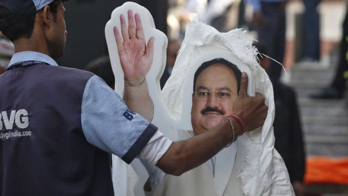 A cutout of BJP chief JP Nadda at party HQ in Delhi | Suraj Singh Bisht | New Delhi