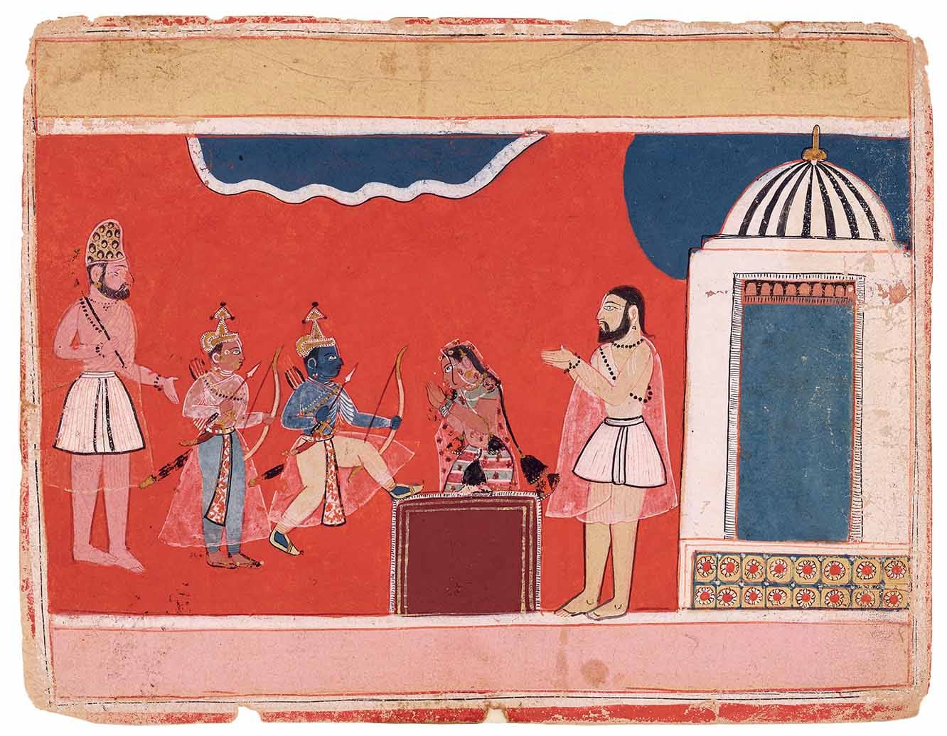 This image illustrates a version of the salvific act in which Ahalya had not been “lying on ashes” in the ashram, but instead had been turned into a rock and would be liberated when Rama touches the rock with his foot. This version is found in Tulsidas’s Ramacaritmanas, yet the petrification of Ahalya was already a familiar ver-sion of the story before the appear-ance of the Ramacaritmanas. It seems unlikely that the Ramacaritmanas, which was written in Awadhi and whose earliest sections were composed in 1574, should in 1600 have been known and read at the court of Orchha | Niyogi Books