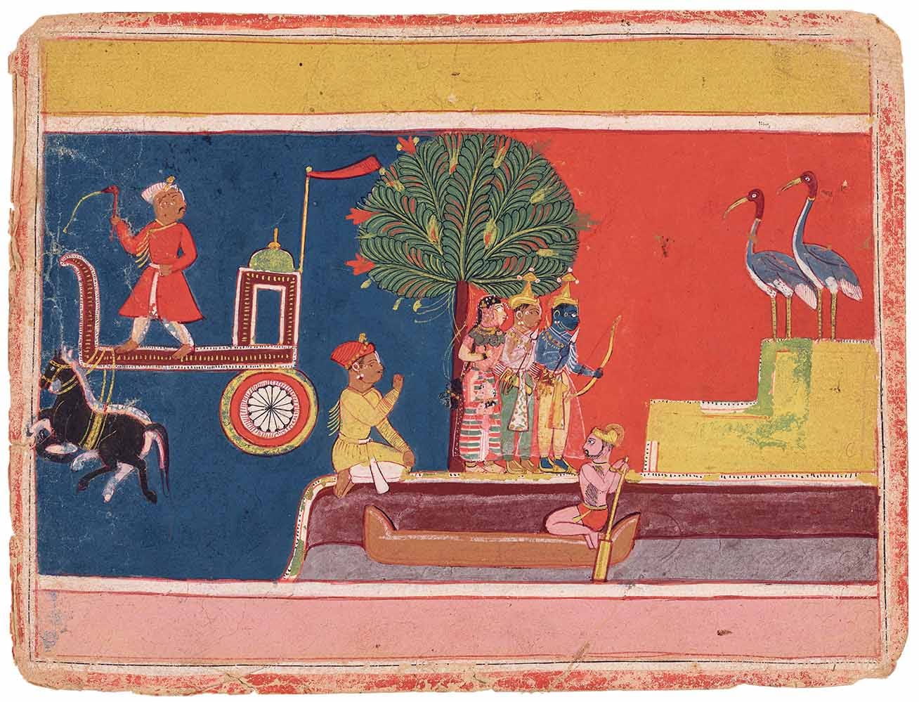 The painter used the vocabu-lary of the Early Rajput style to depict the chariot and horses. We fid the same ornamental wheels and the same pair of black and white horses, with the white horse drawn in contour lines behind the black one, in the Palam Bhagavata Purana ( compare cats. C.5 & C.8 ) | Niyogi Books