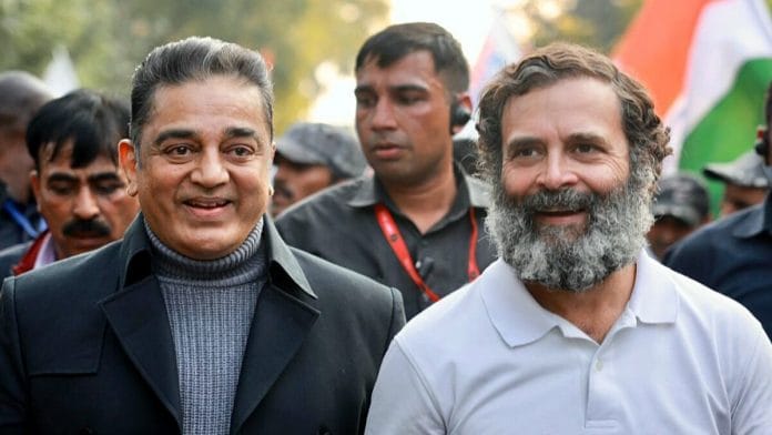 Congress leader Rahul Gandhi and Makkal Needhi Maiam (MNM) chief and actor Kamal Haasan during the Bharat Jodo Yatra in New Delhi | ANI