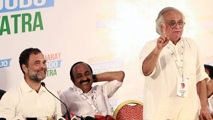 Congress leader Jairam Ramesh addresses a press conference in presence of party leader Rahul Gandhi during their Bharat Jodo Yatra in Ernakulam | ANI file photo