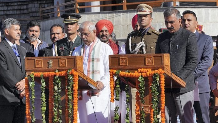 Congress leader Sukhvinder Singh Sukhu being sworn-in as Himachal Pradesh Chief Minister by Governor Rajendra Arlekar in Shimla on Sunday | PTI