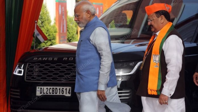 Prime Minister Narendra Modi with BJP National President JP Nadda arrive for the party's National Office Bearers Meeting in New Delhi | ThePrint photo by Suraj Singh Bisht