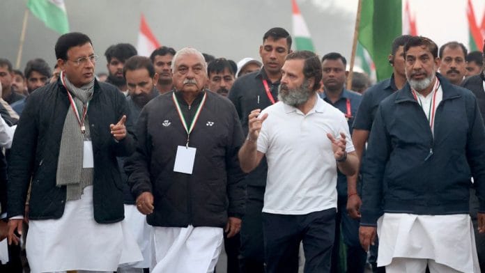 Congress leader Rahul Gandhi with former Haryana CM Bhupinder Singh Hooda, party leader Randeep Surjewala and others during the 'Bharat Jodo Yatra' in Nuh district | PTI