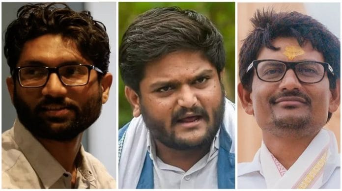 File photos of Jignesh Mevani, Hardik Patel and Alpesh Thakor | ThePrint