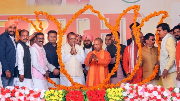 Uttar Pradesh CM Yogi Adityanath is welcomed at a public meeting in Rampur on Saturday | PTI
