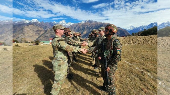 Indian and US Army troops during the 18th edition of India-US joint military exercise 'Yudh Abhyas' at Auli, in Chamoli, on 25 November 2022 | ANI photo