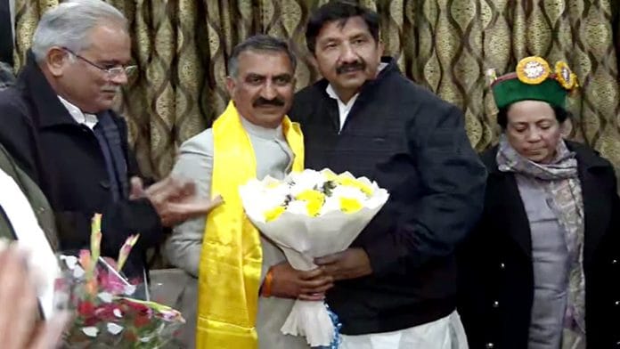 Sukhvinder Singh Sukhu at a Congress Legislature Party meeting with state chief Pratibha Singh and Chhattisgarh Chief Minister Bhupesh Baghel in Shimla on Saturday | ANI