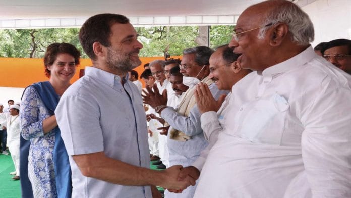 File photo of Congress leaders Rahul Gandhi, Priyanka Gandhi and Mallikarjun Kharge at AICC HQ in New Delhi | ANI