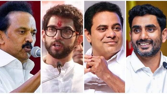 M.K. Stalin, Aaditya Thackeray, KTR and Nara Lokesh | Credit: PTI/Facebook/Wikipedia