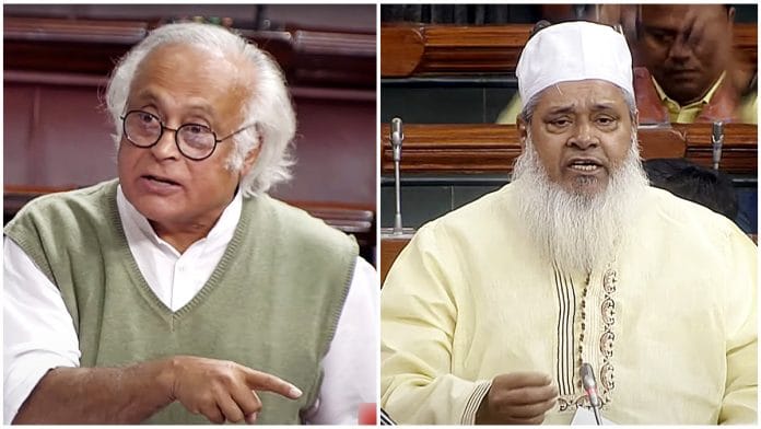 File photos of Congress MP Jairam Ramesh speaking in Rajya Sabha and AIUDF MP Badruddin Ajmal in Lok Sabha during the winter session of Parliament | ANI/SansadTV