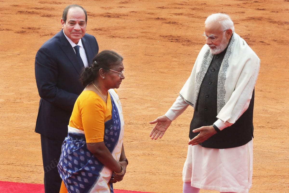 President of Egypt Abdel Fattah El-Sisi, President Murmu and PM Modi at ceremonial reception | Photo: Praveen Jain | ThePrint