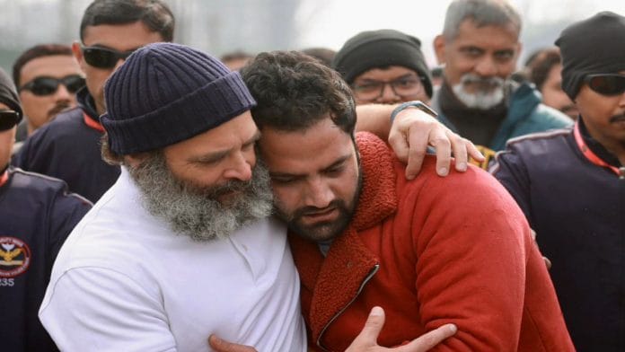 Congress leader Rahul Gandhi embraces a padayatri during the party's Bharat Jodo Yatra, in Srinagar | ANI
